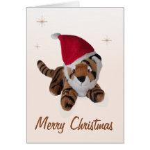 Cute Soft Toy Tiger In Santa Hat Merry Christmas Greeting Card