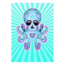 Cute Sugar Skull Zombie Octopus - Blue Pink Business Card Templates