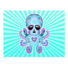 Cute Sugar Skull Zombie Octopus - Blue Pink Postcards