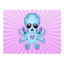 Cute Sugar Skull Zombie Octopus - Blue Purple Post Card