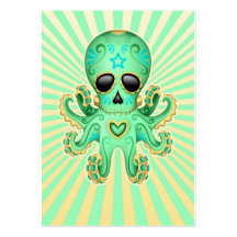 Cute Sugar Skull Zombie Octopus - Green Business Card Template