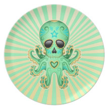 Cute Sugar Skull Zombie Octopus - Green Dinner Plate