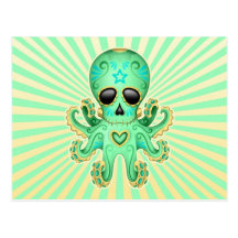 Cute Sugar Skull Zombie Octopus - Green Postcard