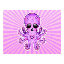 Cute Sugar Skull Zombie Octopus - Purple Post Card