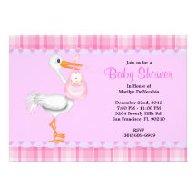 CUTE Sweet Plush PINK Stork Baby Shower Personalized Announcement
