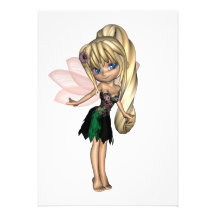 Cute Toon Fairy in Green and Purple Flower Dress Invites