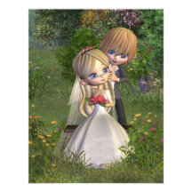 Cute Toon Wedding Couple in a Garden Personalized Announcements