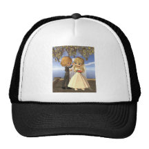 Cute Toon Wedding Couple on a Seaside Balcony Mesh Hat