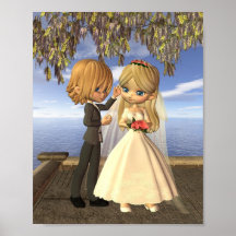 Cute Toon Wedding Couple on a Seaside Balcony Posters
