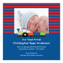 Cute Trains Baby Boy Photo Announcement