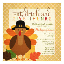 Cute Turkey Thanksgiving Dinner Personalised Invitations