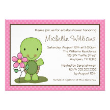 Cute Turtle Pink Polka Dot Baby Shower Custom Announcements