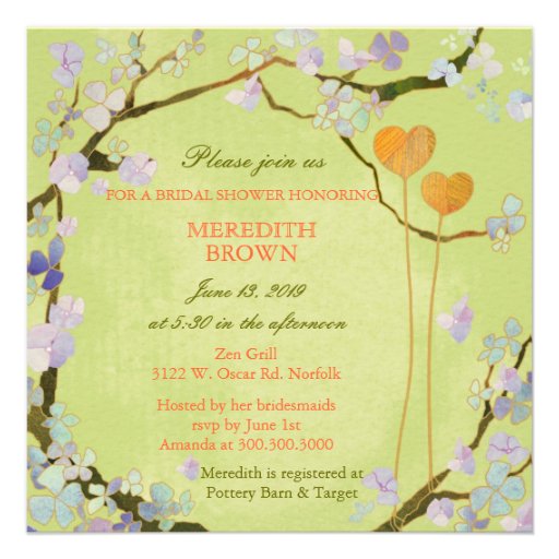 Cute Two Hearts Green Modern Floral Bridal Shower Custom Invites