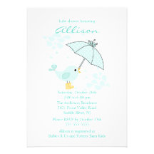 Cute Umbrella & Blue Bird Boy Baby Shower Personalized Invitation