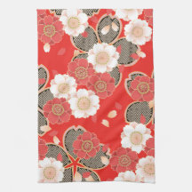 Cute Vintage Floral Red White Vector Towel