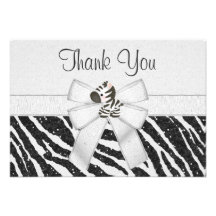Cute Zebra, Printed Bow & Glitter Look Thank You Invites