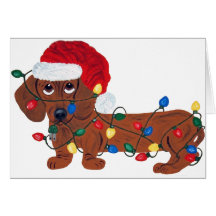 Dachshund Tangled In Christmas Lights (Red) Greeting Cards