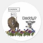 Daddy? asks a cute lamb to a big lion round sticker