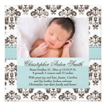 Damask Baby Announcement Blue and Brown
