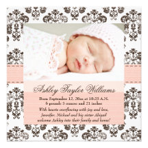 Damask Birth Announcement Pink and Brown