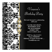 Damask Birthday Party Gold Black White Floral Custom Invite