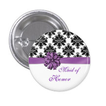 Damask black white purple bow Maid of Honor Buttons