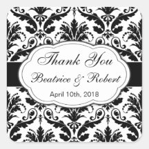 Damask black, white Wedding Thank You Stickers