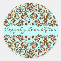 Damask Blue and Brown Wedding Round Stickers
