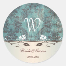 Damask bluish green brown Wedding monogram Sticker
