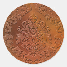 Damask Cut Velvet, Satin Abstract in Orange & Gold Round Sticker
