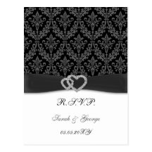 damask diamante charcoal wedding RSVP Postcard