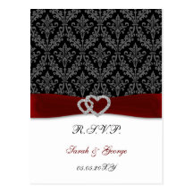 damask diamante red wedding RSVP Post Cards