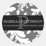 Damask Floral Monogram Circle Address Label Round Sticker