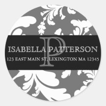 Damask Floral Monogram Circle Address Label Round Sticker