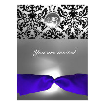 DAMASK GEM STONE MONOGRAM blue ribbon Custom Announcements
