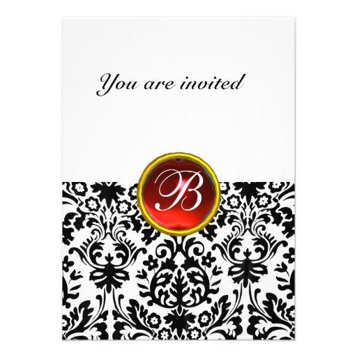 DAMASK GEM STONE MONOGRAM ruby red white rsvp Personalized Invitation