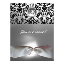 DAMASK GEM STONE MONOGRAM white ribbon grey black Invitation