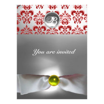 DAMASK GEM STONE MONOGRAM white ribbon grey red Personalised Invites
