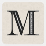 Damask Letter M - Black Square Stickers