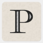 Damask Letter P - Black Square Stickers
