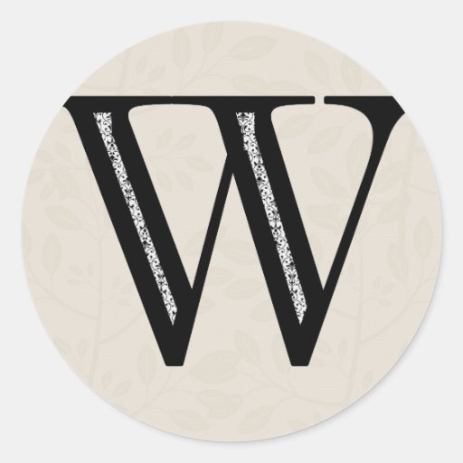 Damask Letter W - Black Round Stickers