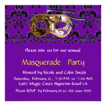 DAMASK MASQUERADE PARTY purple blue Personalized Invite