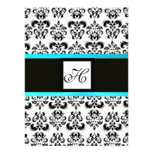 DAMASK MONOGRAM,black and white,blue turquase Invite