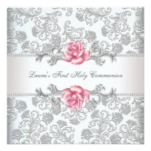 Damask Pink Rose Girls First Communion Custom Invite