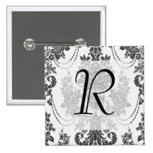damask roses white and black.ai pinback button