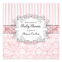Damask & Stripe Baby Girl Shower Invitation