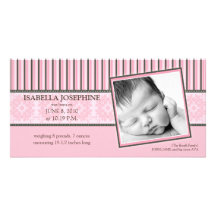 Damask & Stripes Baby Pink Birth Announcement Picture Card