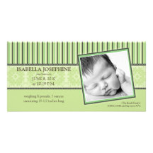 Damask & Stripes Lime Green Birth Announcement Custom Photo Card