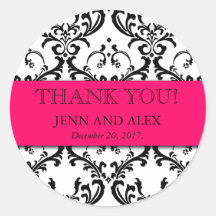 Damask Thank You Wedding Stickers Favours Hot Pink