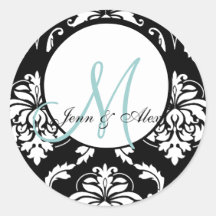 Damask Wedding Blue Monogram Envelope Seal Round Sticker